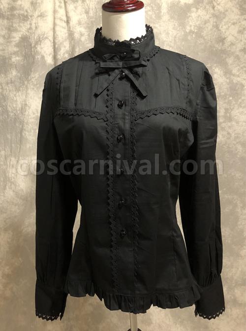 Black Cotton Lace Stand-up Collar Long Sleeves Classic Lolita Shirt coscarnival