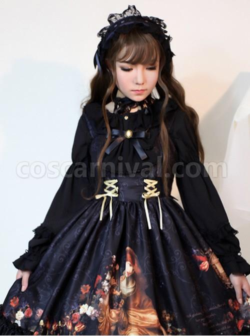 Black Doll Collar Lantern Sleeve Bowknot Lolita Blouse coscarnival