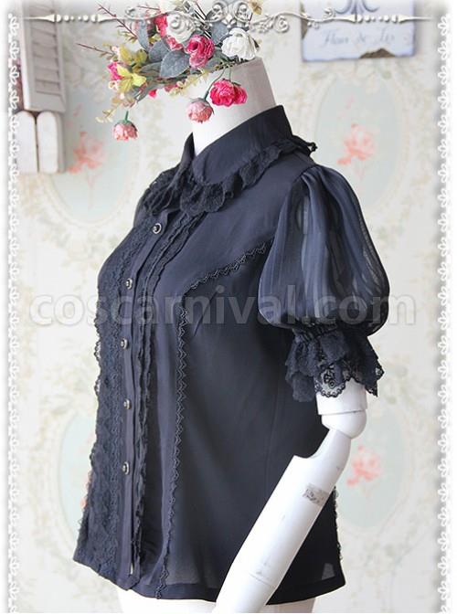 Black Elegance Lace Glass Stripes Short Sleeve Lolita Shirt coscarnival
