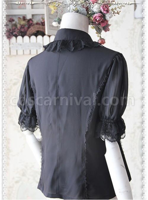 Black Elegance Lace Glass Stripes Short Sleeve Lolita Shirt coscarnival