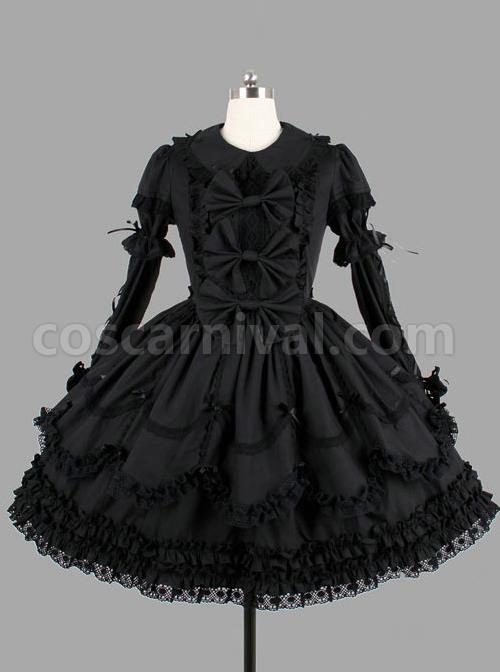 Black Elegant Bows Cotton Gothic Lolita Long Sleeve Dress coscarnival
