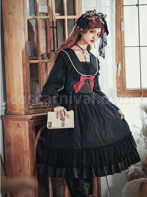 Black Elegant Lace Pearl Chiffon Lapel Bow-Knot Frenulum Pearl Cuffs Gothic Lolita Long Sleeve Dress coscarnival