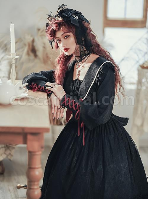Black Elegant Lace Pearl Chiffon Lapel Bow-Knot Frenulum Pearl Cuffs Gothic Lolita Long Sleeve Dress coscarnival