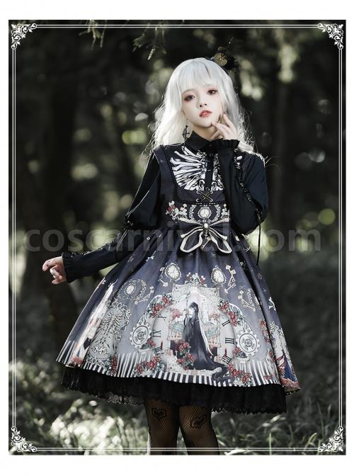 Black Fairy Tale Series Darkness Skeleton Printing Retro Gothic Lolita Long Sleeve Shirt coscarnival