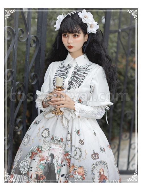 Black Fairy Tale Series Darkness Skeleton Printing Retro Gothic Lolita Long Sleeve Shirt coscarnival