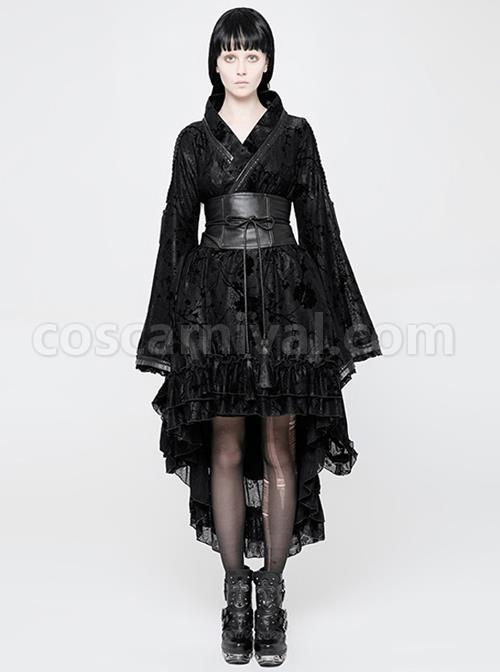 Black Flocking Printing Gothic Lolita Kimono Dress coscarnival