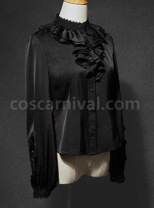 Black Forest Series Ruched Ruffled Turtleneck Irregular Cuff Design Halloween Style Long Sleeve Classic Lolita Shirt coscarnival