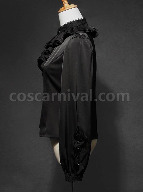 Black Forest Series Ruched Ruffled Turtleneck Irregular Cuff Design Halloween Style Long Sleeve Classic Lolita Shirt coscarnival