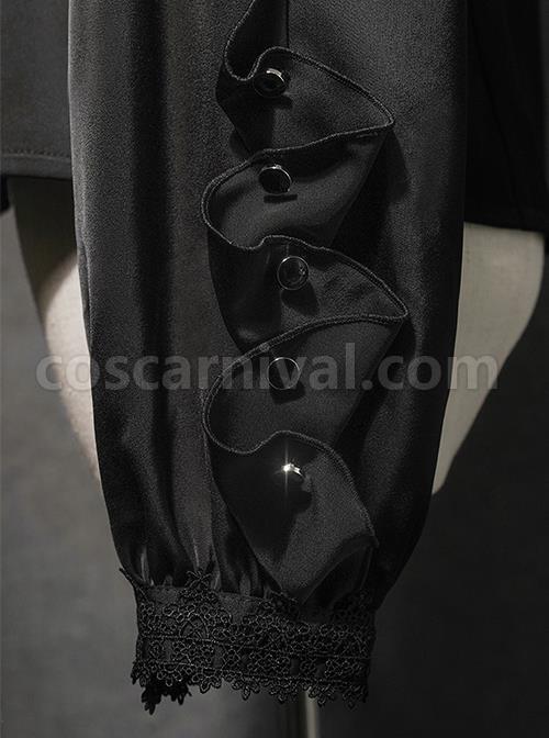 Black Forest Series Ruched Ruffled Turtleneck Irregular Cuff Design Halloween Style Long Sleeve Classic Lolita Shirt coscarnival