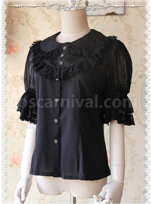 Black Glass Striped Doll Collar Lolita Bubble Sleeve Shirt coscarnival