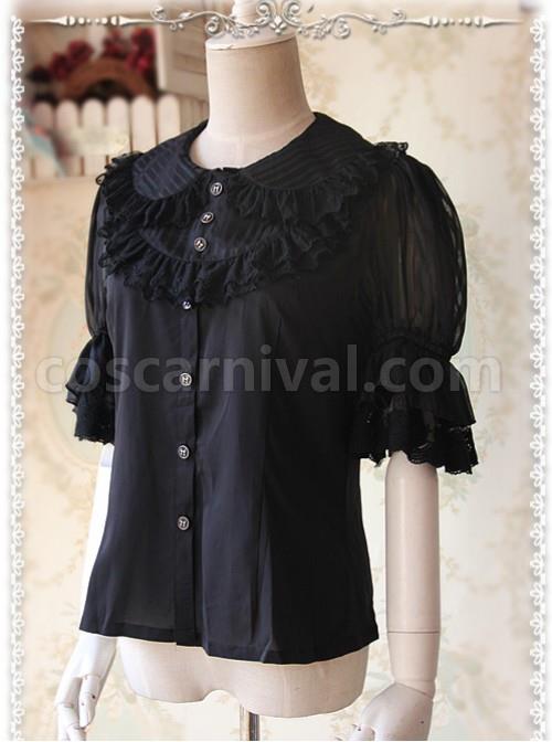 Black Glass Striped Doll Collar Lolita Bubble Sleeve Shirt coscarnival