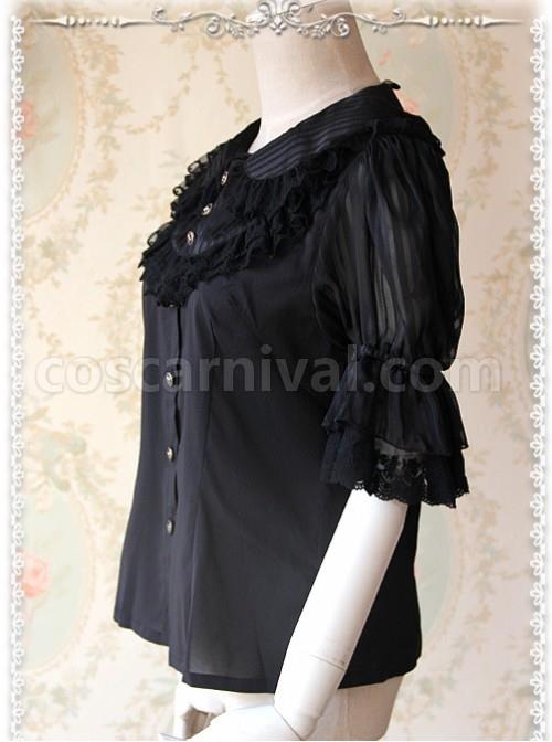 Black Glass Striped Doll Collar Lolita Bubble Sleeve Shirt coscarnival