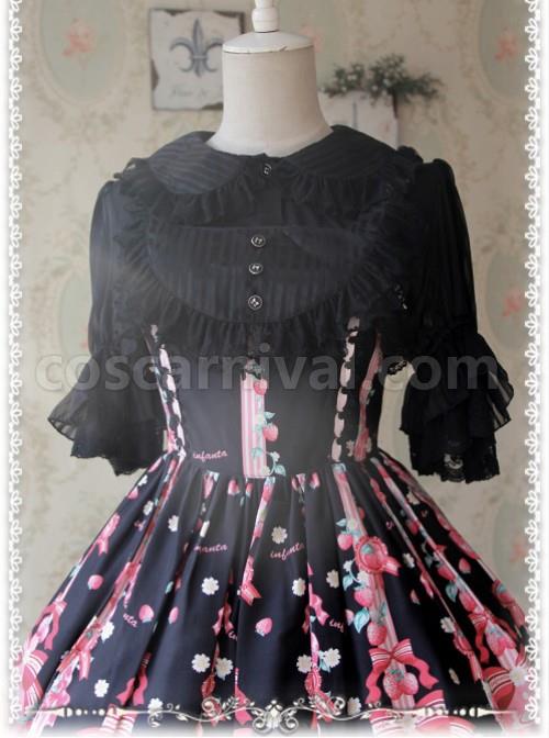 Black Glass Striped Doll Collar Lolita Bubble Sleeve Shirt coscarnival