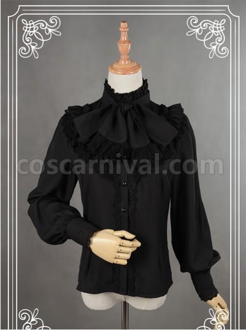 Black High Collar Bowknot Lantern Sleeve Lolita Blouse coscarnival