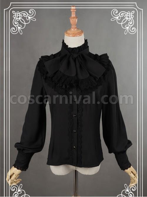 Black High Collar Bowknot Lantern Sleeve Lolita Blouse coscarnival