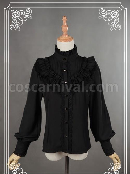 Black High Collar Bowknot Lantern Sleeve Lolita Blouse coscarnival