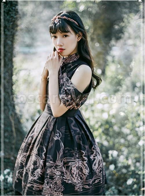 Black Kowloon Missing Shoulder Print Dress coscarnival