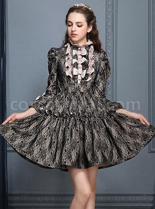 Black Lace Elegant Gothic Lolita Long Sleeves Dress coscarnival
