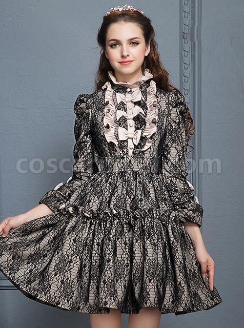 Black Lace Elegant Gothic Lolita Long Sleeves Dress coscarnival