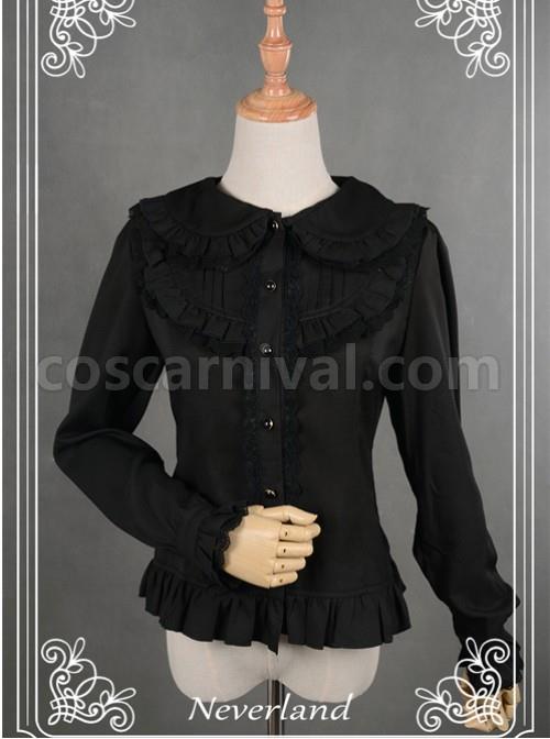 Black Lace Lapel Chiffon Long-sleeved Lolita Blouse coscarnival