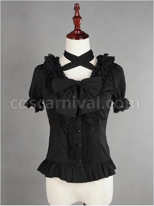 Black Lace Short Sleeve And Flare Sleeve Lolita Hang The neck Blouse coscarnival