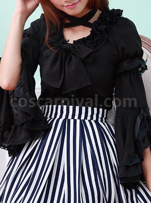 Black Lace Short Sleeve And Flare Sleeve Lolita Hang The neck Blouse coscarnival