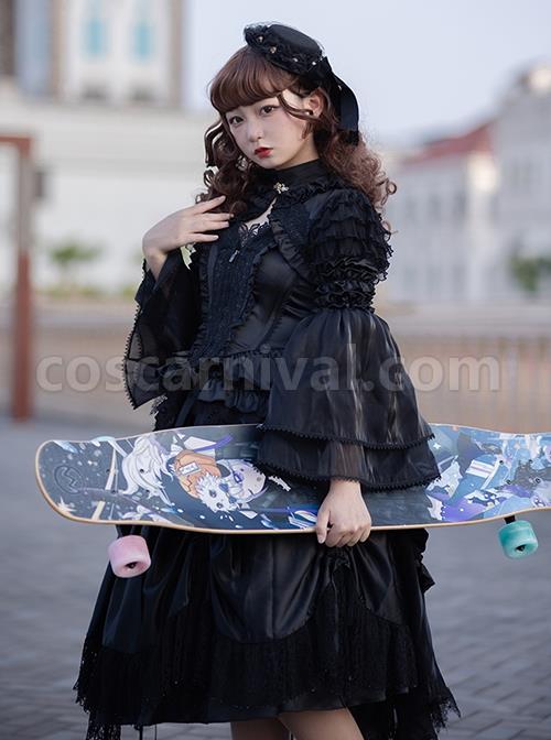 Black Lace Sling Corset Tail Top Flared Long Sleeve Fashion Ruffle Shawl Gothic Lolita Dress Set coscarnival