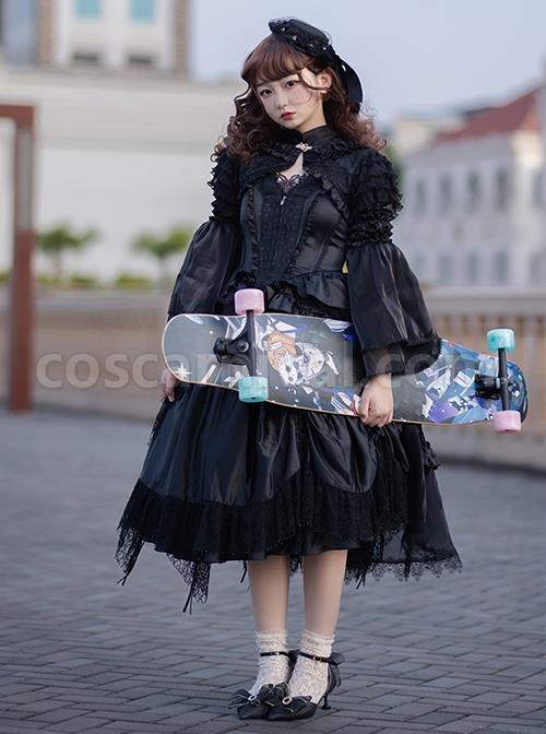 Black Lace Sling Corset Tail Top Flared Long Sleeve Fashion Ruffle Shawl Gothic Lolita Dress Set coscarnival