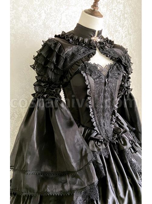 Black Lace Sling Corset Tail Top Flared Long Sleeve Fashion Ruffle Shawl Gothic Lolita Dress Set coscarnival