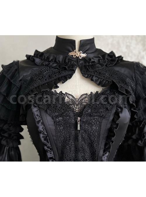 Black Lace Sling Corset Tail Top Flared Long Sleeve Fashion Ruffle Shawl Gothic Lolita Dress Set coscarnival
