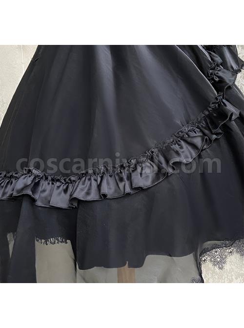 Black Lace Sling Corset Tail Top Flared Long Sleeve Fashion Ruffle Shawl Gothic Lolita Dress Set coscarnival