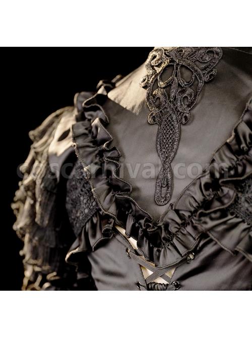Black Lace Sling Corset Tail Top Flared Long Sleeve Fashion Ruffle Shawl Gothic Lolita Dress Set coscarnival