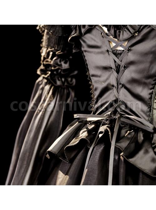 Black Lace Sling Corset Tail Top Flared Long Sleeve Fashion Ruffle Shawl Gothic Lolita Dress Set coscarnival
