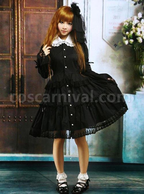 Black Lapel Ruffle Gothic Lolita Long Sleeve Dress coscarnival