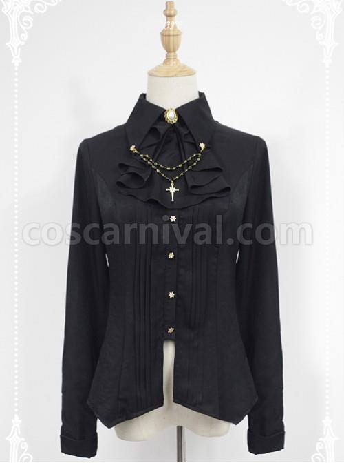 Black Long Sleeve Cotton Stand Collar Bead Chain Lolita Blouse coscarnival