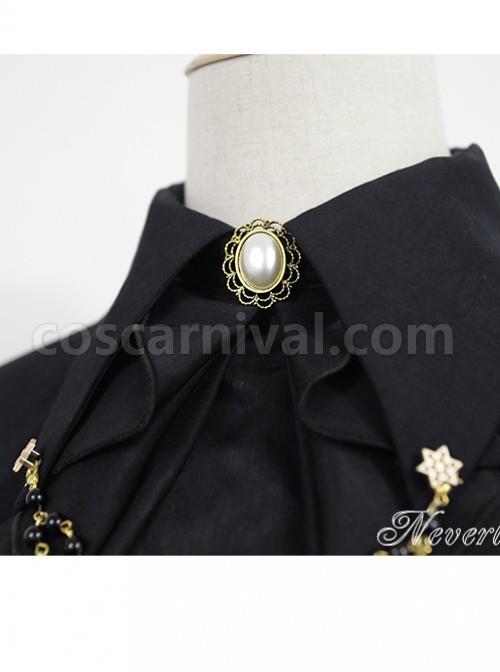 Black Long Sleeve Cotton Stand Collar Bead Chain Lolita Blouse coscarnival