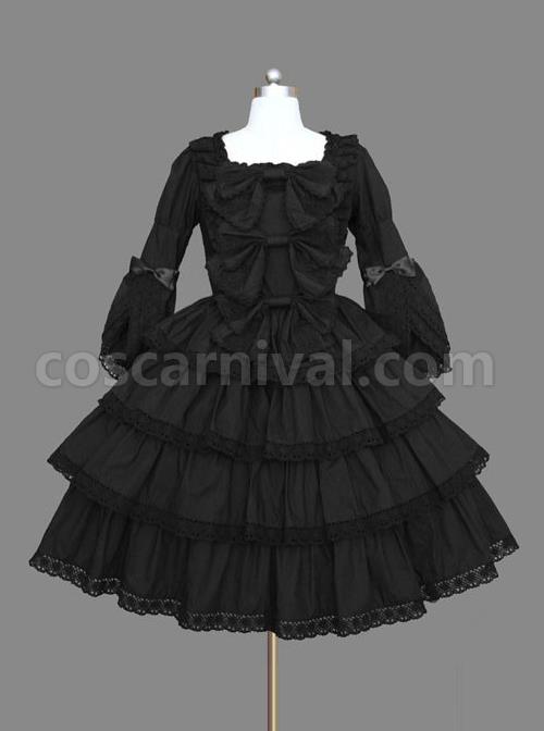 Black Multi-storey Lace Cotton Gothic Lolita Dress coscarnival