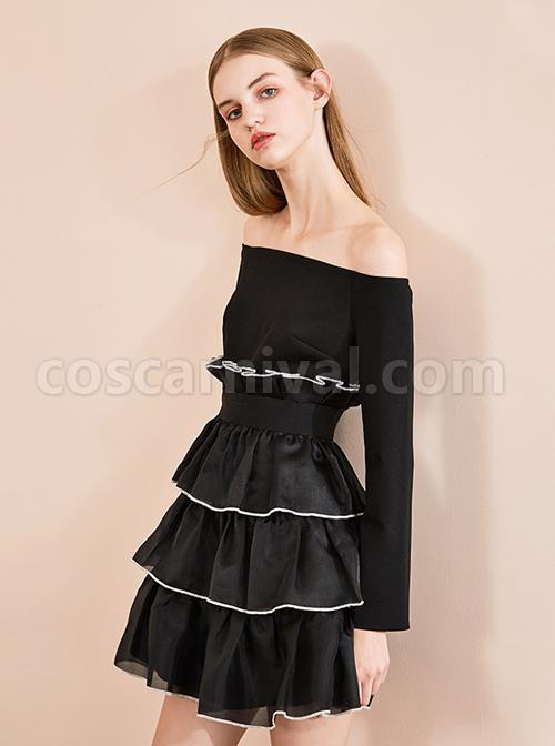 Black Off-shoulder Gothic Lolita Long Sleeve Dress coscarnival