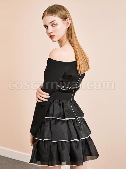 Black Off-shoulder Gothic Lolita Long Sleeve Dress coscarnival