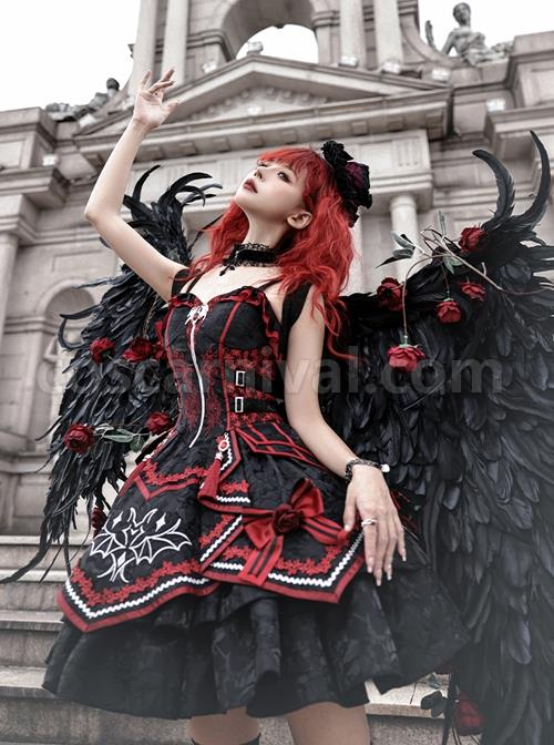 Black-Red Gorgeous Embroidered Jacquard Bat Detachable Tassel Bowknot Lacing Halloween Gothic Lolita Sleeveless Dress coscarnival
