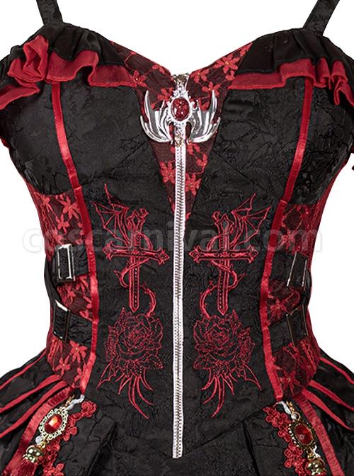 Black-Red Gorgeous Embroidered Jacquard Bat Detachable Tassel Bowknot Lacing Halloween Gothic Lolita Sleeveless Dress coscarnival