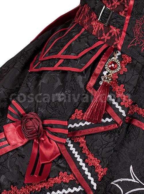 Black-Red Gorgeous Embroidered Jacquard Bat Detachable Tassel Bowknot Lacing Halloween Gothic Lolita Sleeveless Dress coscarnival