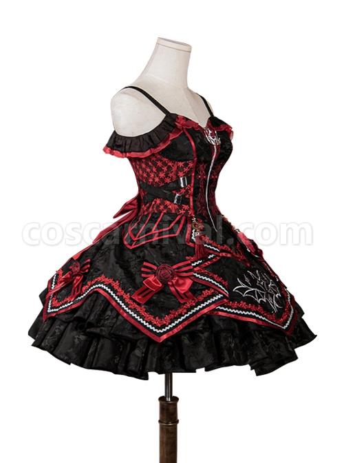 Black-Red Gorgeous Embroidered Jacquard Bat Detachable Tassel Bowknot Lacing Halloween Gothic Lolita Sleeveless Dress coscarnival