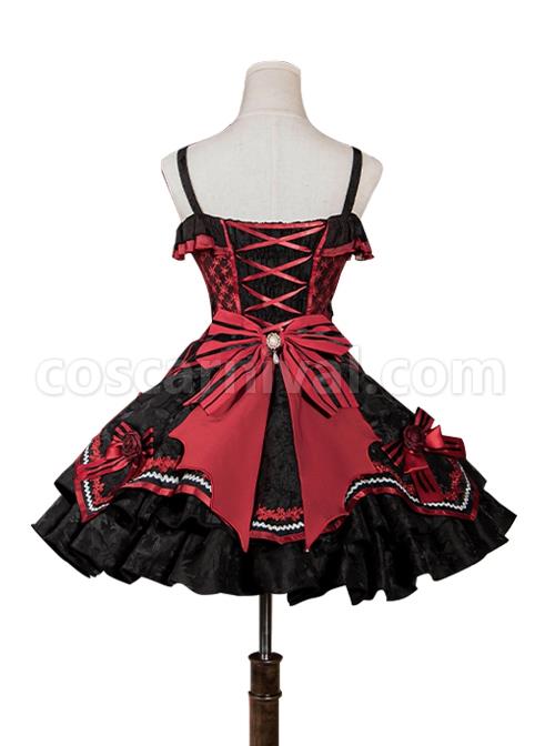 Black-Red Gorgeous Embroidered Jacquard Bat Detachable Tassel Bowknot Lacing Halloween Gothic Lolita Sleeveless Dress coscarnival