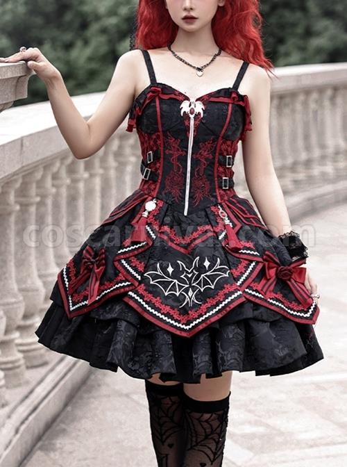 Black-Red Gorgeous Embroidered Jacquard Bat Detachable Tassel Bowknot Lacing Halloween Gothic Lolita Sleeveless Dress coscarnival