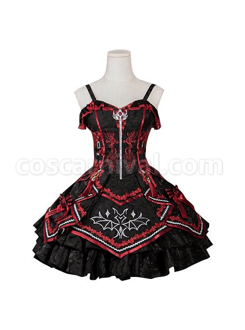 Black-Red Gorgeous Embroidered Jacquard Bat Detachable Tassel Bowknot Lacing Halloween Gothic Lolita Sleeveless Dress coscarnival
