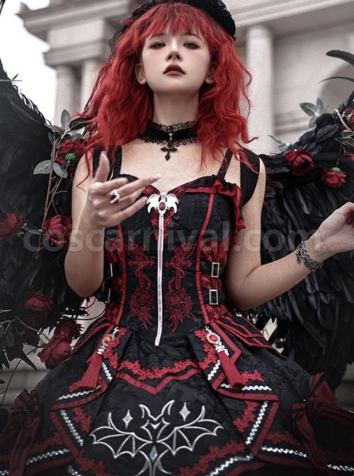 Black-Red Gorgeous Embroidered Jacquard Bat Detachable Tassel Bowknot Lacing Halloween Gothic Lolita Sleeveless Dress coscarnival