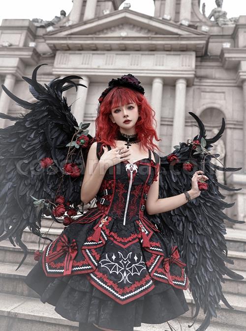 Black-Red Gorgeous Embroidered Jacquard Bat Detachable Tassel Bowknot Lacing Halloween Gothic Lolita Sleeveless Dress coscarnival