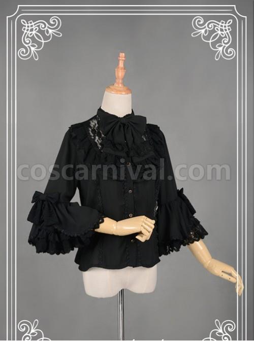 Black Short Flare Sleeve Falbala Stand Collar Lolita Blouse coscarnival