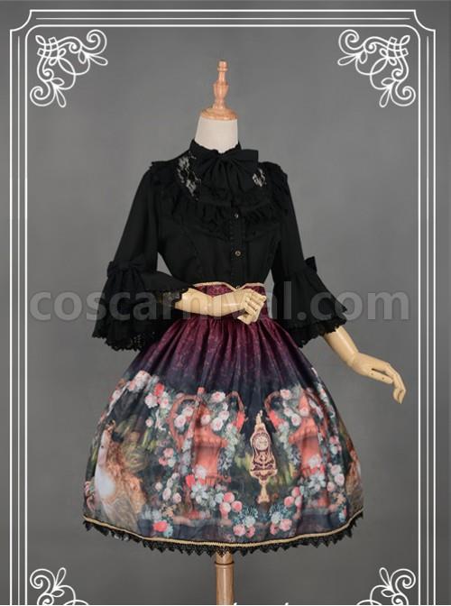 Black Short Flare Sleeve Falbala Stand Collar Lolita Blouse coscarnival